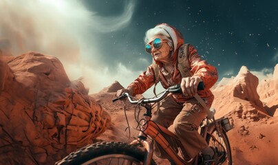 A futuristic depiction shows an elderly woman cycling across the surface of the moon, blending imagination, exploration, and the concept of space-age transportation.Generated image