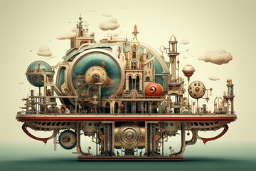 Steampunk-inspired floating metropolis with gears. Concept of speculative fiction, retrofuturism, complex machinery, and fantasy world building.