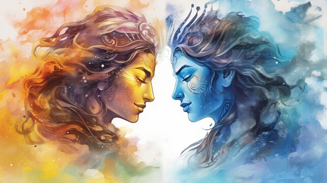 Vibrant watercolor illustration of Shiva and Shakti in a tender, face-to-face embrace, blending mythology with art. Concept of divine union, spiritual balance, and cosmic harmony. Couple in love. Art