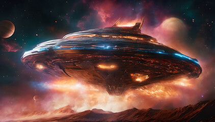 giant spaceship landing on earths surface, sci-fi theme