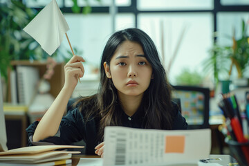 Burnt Out Asian Woman Waving White Flag at Work Quiet Quitting