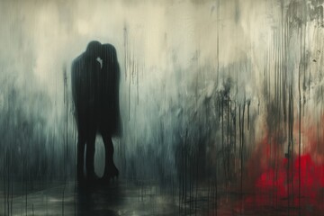 Blurred silhouettes of a man and a woman touch each other sensually. Concept of conflicting and ambiguous feelings in relationships, relationship loss - obrazy, fototapety, plakaty