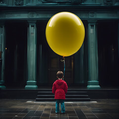 a child in a gloomy city holding a giant balloon