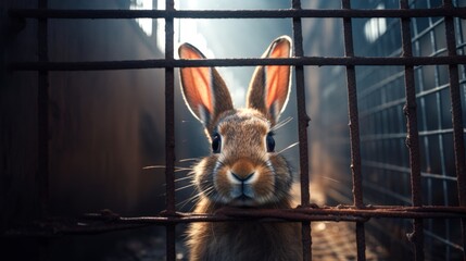 Rabbit locked in cage. Lonely bunny in captivity behind a fence with sad look. Concept of animal rights, wildlife conservation, captivity stress, endangered species, conditions of zoos
