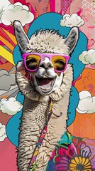 Laughing alpaca in a flower power outfit, retro sunglasses, surrounded by pop art comic bubbles