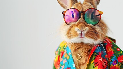 Realistic bunny in vibrant hippie wear, spring season, white backdrop, Potter style, detailed brown fur - obrazy, fototapety, plakaty