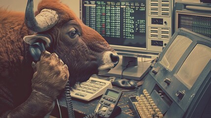 1960s Wall Street buffalo, analyzing stocks on a retro computer, classic phone in hand, vintage charm - obrazy, fototapety, plakaty
