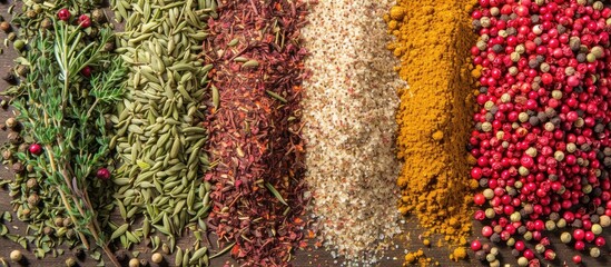 A collection of various spices and herbs from around the world, including both fresh and dried forms. The assortment showcases a wide range of flavors and aromas commonly used in cooking to enhance