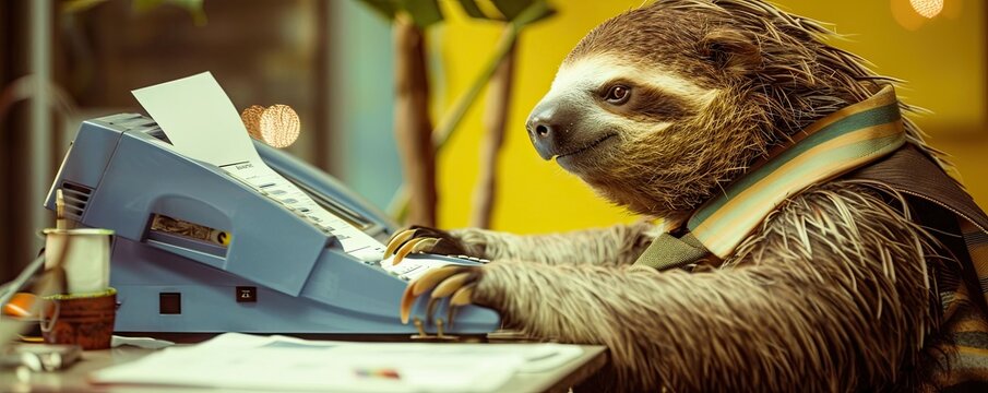 A sloth in a 90s accountant outfit, working late, photocopying financial reports, the era's office nostalgia