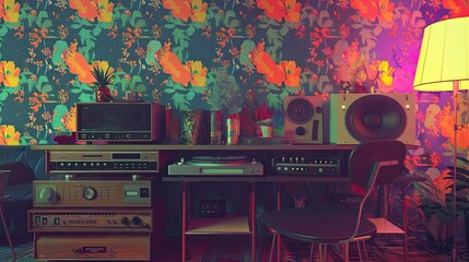 Buffalo at a 1970s record company office, listening to vinyl, retro stereo system, psychedelic wallpaper - obrazy, fototapety, plakaty