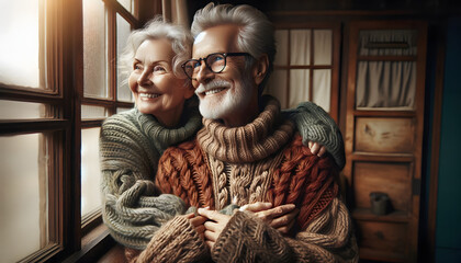 Couple de personnes âgées enlacés   - obrazy, fototapety, plakaty