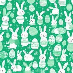 Holiday celebration banner of cute Easter decorated eggs cute Easter bunnys. Illustration of Easter rabbits, eggs on green background. Happy Easter greeting card, banner, festive background.Copy space