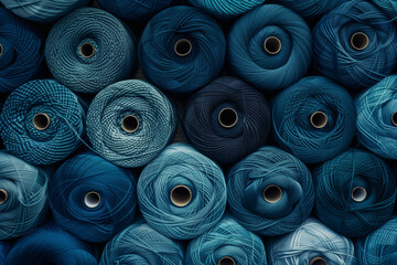 A close-up of spools of blue thread, seen from above and from the side.