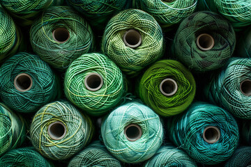 A close-up of spools of green thread, seen from above and from the side.