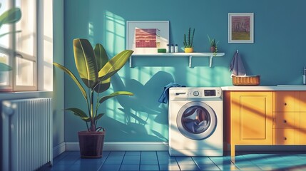 In a laundry room interior, a washing machine is positioned neatly near the wall, ready to tackle the day's load of laundry. This functional setup maximizes space and efficiency