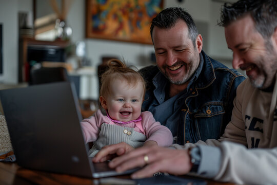 Happy White Man Dad Father and His Child Baby Toddler on Laptop Computer