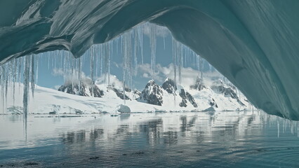 Antarctica mountain landscape from glacier arch aerial. Ecology problem of global warming....