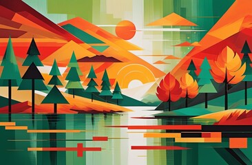 The abstract autumn mountain landscape. Imitation of oil paint. Illustration by Generative AI.