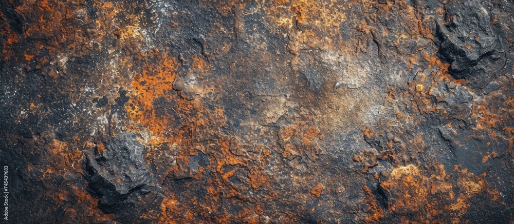 Poster this close-up shows a damaged metal surface covered in rust. the texture is rough, with streaks of b
