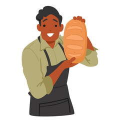 Smiling Salesman Character, Donned In Black Apron, Proudly Presents A Freshly Baked Bread Loaf, Its Golden Crust