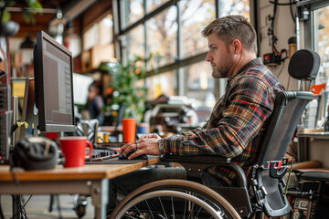 Professional man in wheelchair working at computer desk - obrazy, fototapety, plakaty