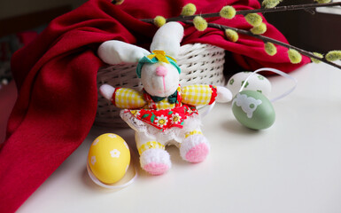 spring holiday installation with Easter bunnies and Easter eggs
