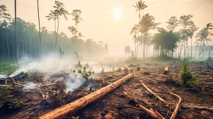 Deciduous forests devastated by deforestation, portraying the environmental toll and destruction of natural habitats.