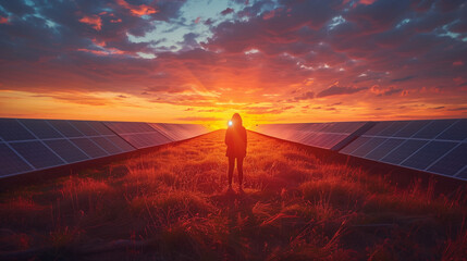 person standing in the middle of a solar farm at sunset - Powered by Adobe