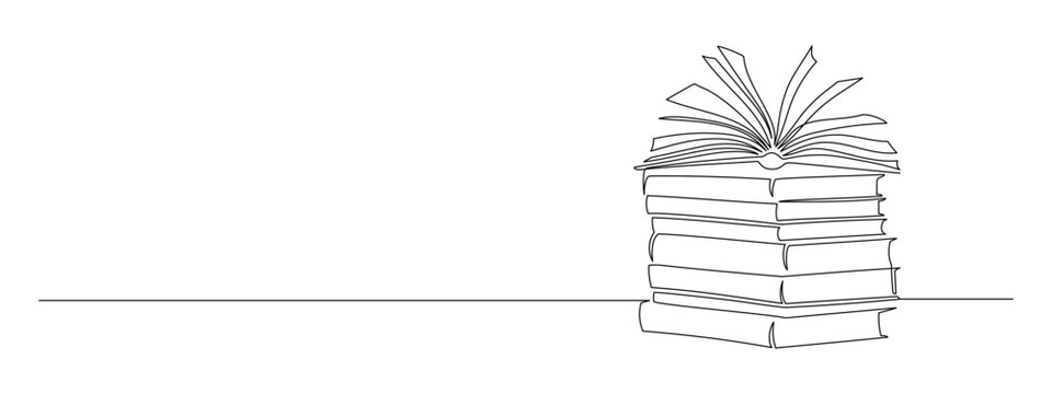 One continuous line drawing of stack books and opened notebook with pages. Education in school and library studying in simple linear style. Editable stroke. Doodle vector illustration