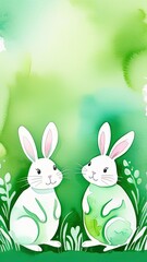 Fototapeta premium Holiday celebration banner of cute Easter decorated eggs cute Easter bunnys. Illustration of Easter rabbits, eggs on green background. Happy Easter greeting card, banner, festive background.Copy space
