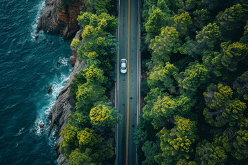 top down aerial show of a car driving along the coast