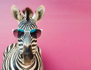 cool zebra wearing sunglasses, animal fashion model at pink background