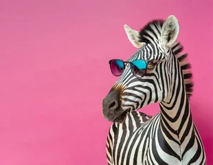 Poster cool zebra wearing sunglasses, animal fashion model at pink background © mollyeh
