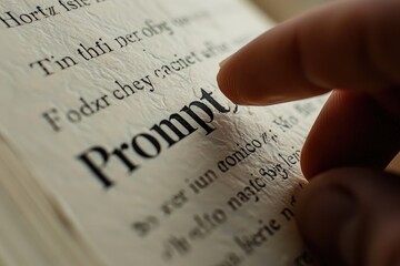 Finger tracing the word "Prompt" on a page.