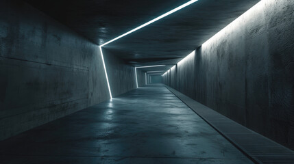 Concrete underground tunnel background, modern dark corridor with grey walls and lines of led...