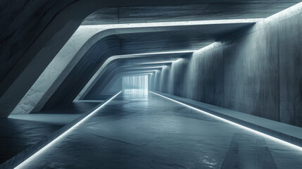 Concrete futuristic tunnel background, modern underground garage with grey walls and led light, perspective of warehouse or hallway. Concept of hall, future, building, room, interior - obrazy, fototapety, plakaty