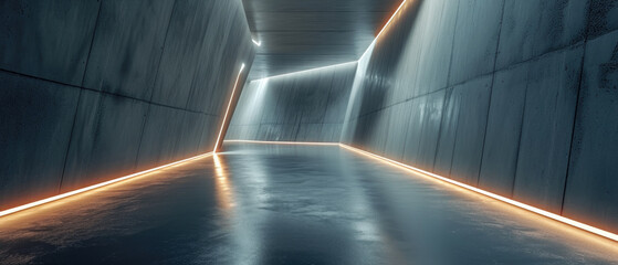 Concrete futuristic tunnel background, modern underground corridor with grey walls and lines of led...