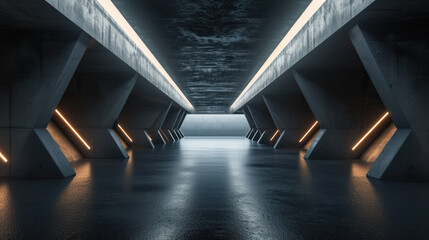 Futuristic concrete hallway background, dark garage or hall with grey walls and led light, inside warehouse or room of modern building. Concept of future, sci-fi, interior