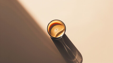 Freshly brewed coffee in glass on beige background. Top down view. Shadows. Minimalist image