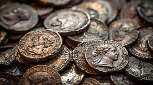 Ancient Greek Roman coins background, pile of old vintage bronze copper money close-up. Concept of Greece, Empire, texture, antique, treasure, civilization and history
