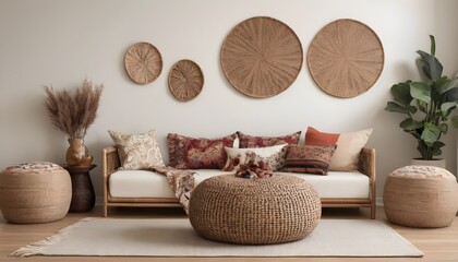 The living room's interior design features a chic pouf, picture frames, carpet decorations, slippers, pillows, blankets, an ethnic rattan basket filled with dried flowers, a wooden screen, and tastefu