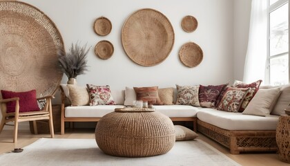 The living room's interior design features a chic pouf, picture frames, carpet decorations, slippers, pillows, blankets, an ethnic rattan basket filled with dried flowers, a wooden screen, and tastefu - obrazy, fototapety, plakaty