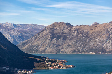Coastal view on a sunny winter day on the Bay of Kotor, Montenegro