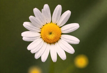 Obraz premium Close up of a white daisy with a yellow center against a green background with soft focus white generative AI