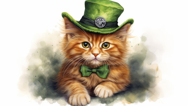 St patrick's day cat kittens art watercolor drawing, St. Patrick's Day Cat in a costume hat. Background. Studio spot light. Sale, party banner design, copy space.