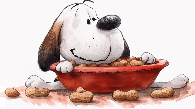 happy snoopy puppy black and white with dog peanuts in red puppy bowl , pet food 