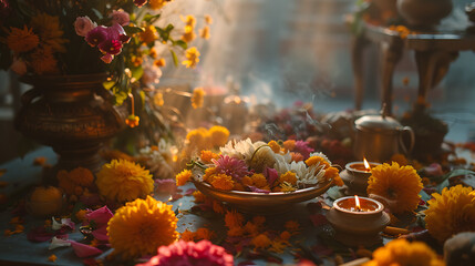 Cerimônia de Puja Hindu Tradicional Ofertas de Flores Frutas e Incenso em Altar Decorativo - obrazy, fototapety, plakaty