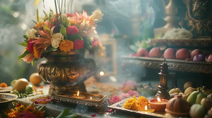 Foto op Plexiglas Cerimônia de Puja Hindu Tradicional Ofertas de Flores Frutas e Incenso em Altar Decorativo © Alexandre