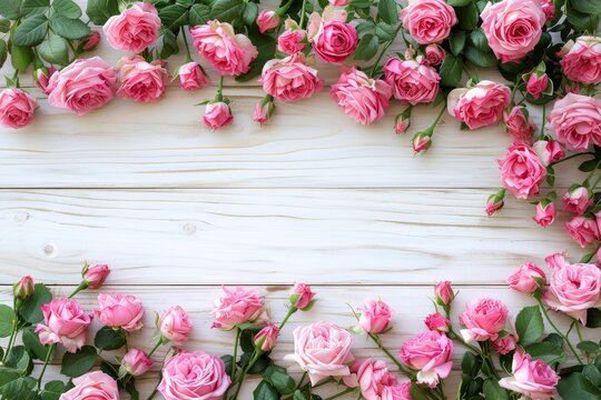 Abstract floral background. Blush pink roses on white wooden table. Various creamy pink roses flowers and buds layout on white background with copy space. Top view, flat lay