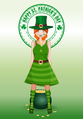 Red-haired girl in green clothes and a leprechaun pot of gold. St.Patricks Day design. Vector illustration isolated on white background